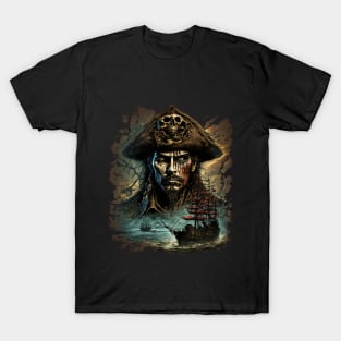 Captain Blackbeard Gothic Pirate Metal Design T-Shirt